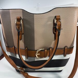 Plaid Print Belt Accent Tote Brown With Black And Pink
